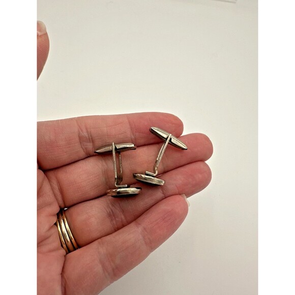 Vintage Round Gray Glass Cufflinks – Silver Tone Mid-Century Style - Picture 2 of 7